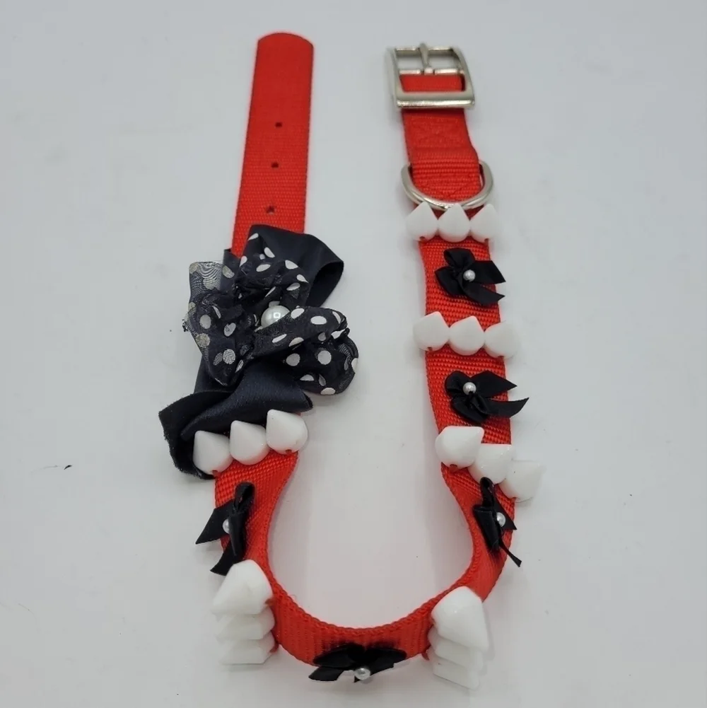 Dog Collar Black Red White Bow Pearls and Spikes